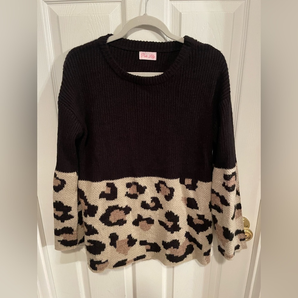 Pink Lily- Oversized Cheetah Print Sweater- Size Small